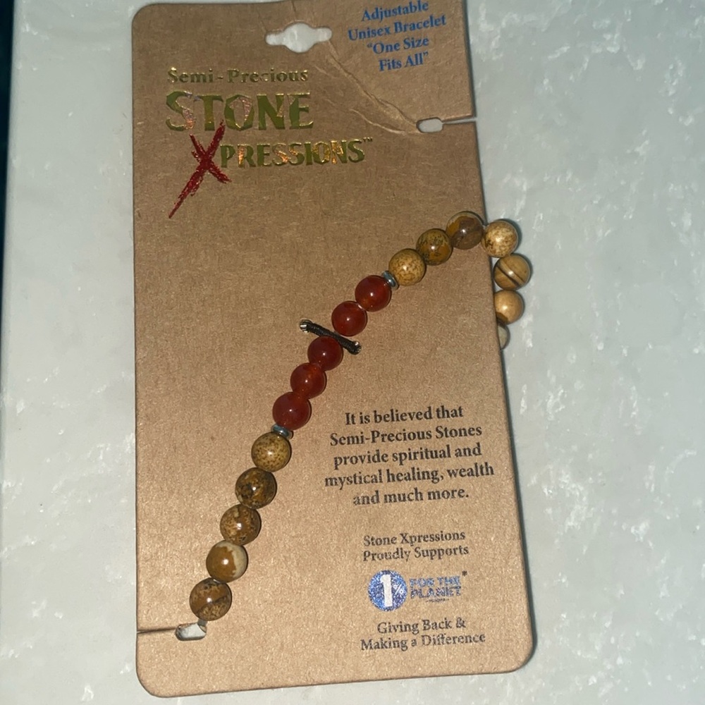 Obsidian and picture Jasper semi precious beaded stretch bracelet NWT